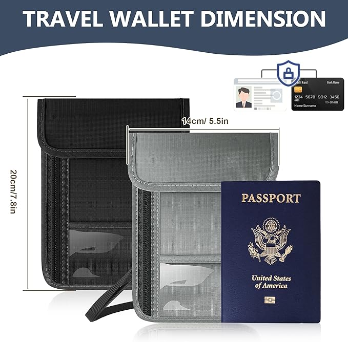 Likesing 5.5" L x 7.7" W Travel Neck Wallet, RFID Blocking Passport Holder for Travel Women Men, Security Passport Travel Wallet with 10 Card Slot, Neck Pouch Gifts for Traveling Family (Black)