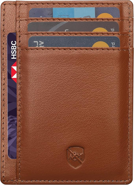 ALLEN & MATE 100% Genuine Leather Slim Minimalist wallet RFID Blocking Card Holder Wallets for Men & Women - Holds 7 Cards, ID & Cash with Gift Box (Tan)