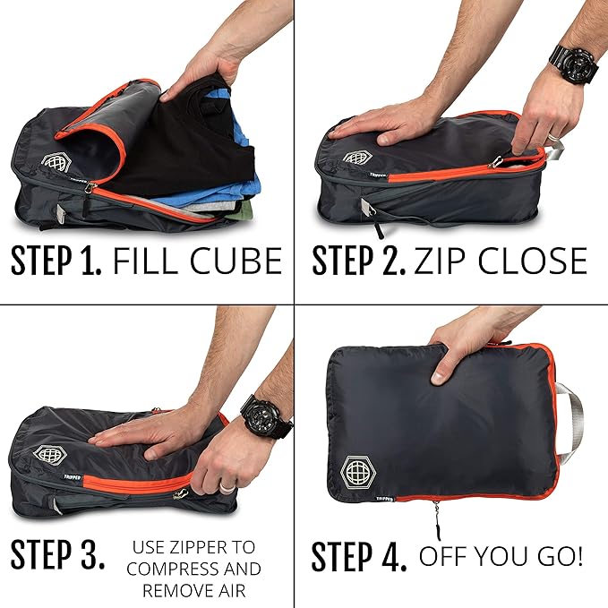 Compression Packing Cubes for Travel, 3-Piece Lightweight Packing Cubes Set for Carry-On Luggage & Backpacks – TRIPPED Travel Gear (Grey and Orange)