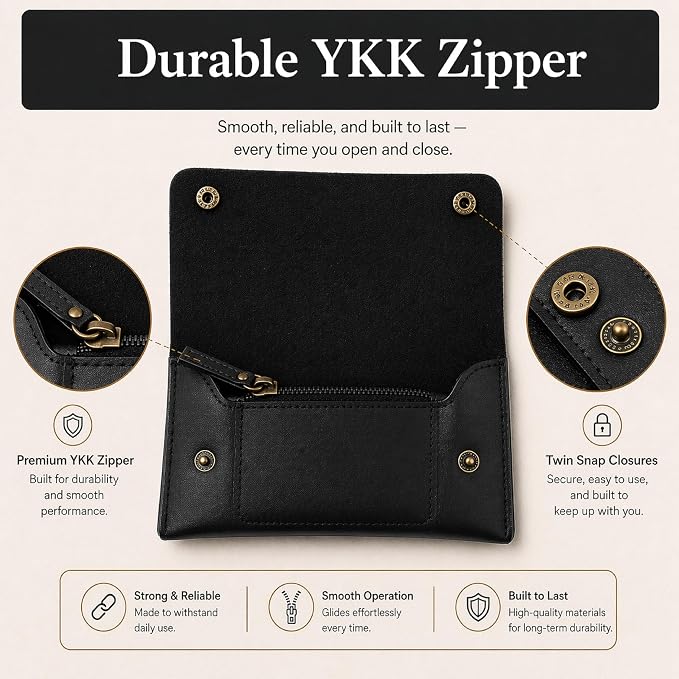 Leather Currency Pouch - Handmade Cash Organizer with Double Button Closure & Zipper Pocket, Compact Money Holder for Travel & Everyday Use, 4 x 8 Inch (Black)