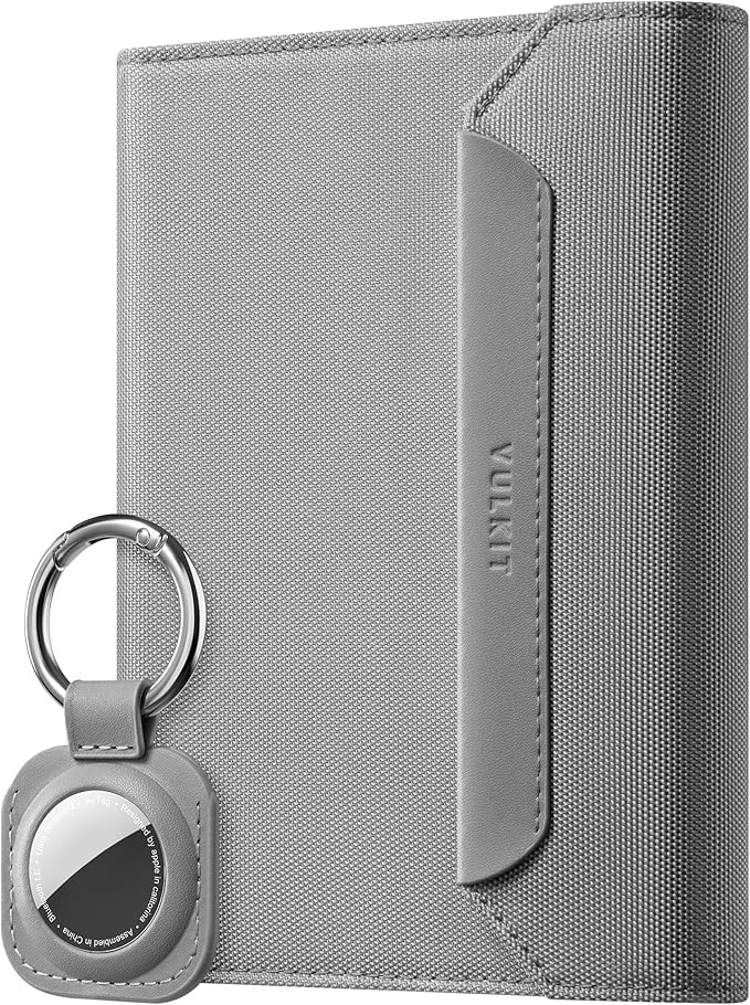 VULKIT Passport Wallet with Detachable AirTag Holder, Vegan Leather Passport Holder, RFID Blocking, Travel Essential, Magnetic Closure, Grey
