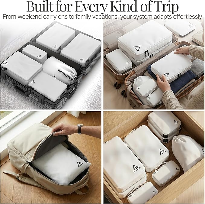 Well Traveled 8 pcs Compression Packing Bags Cubes Set with HybridMax Double-Capacity Design - Packing Cubes for Travel Compression to Maximize Limited Luggage Space, White