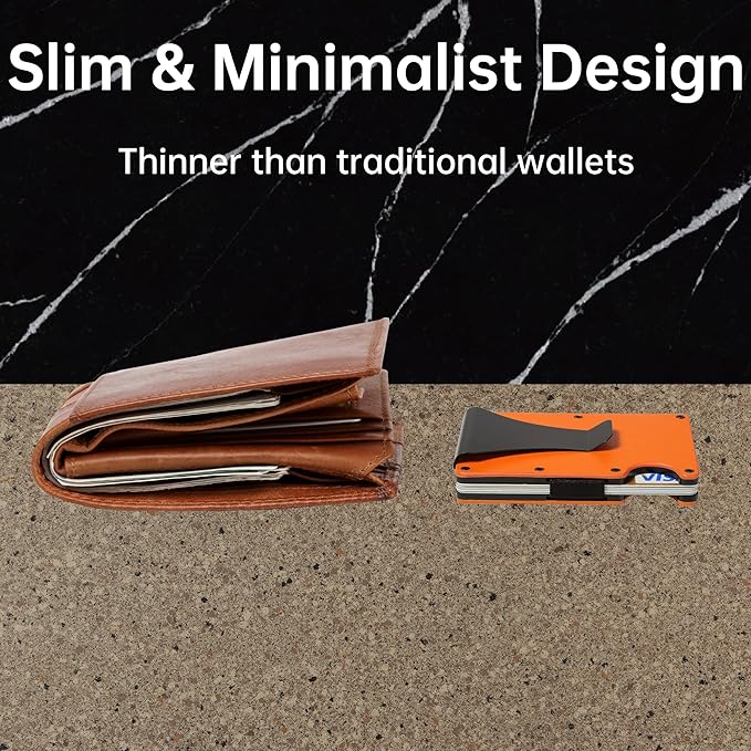 Slim Wallet for Men,RFID Blocking Minimalist Metal Wallet, Money Clip/Cash Holder, Front Pocket Aluminum Credit Card Holder, Ideal Gift for Men,Matte Orange