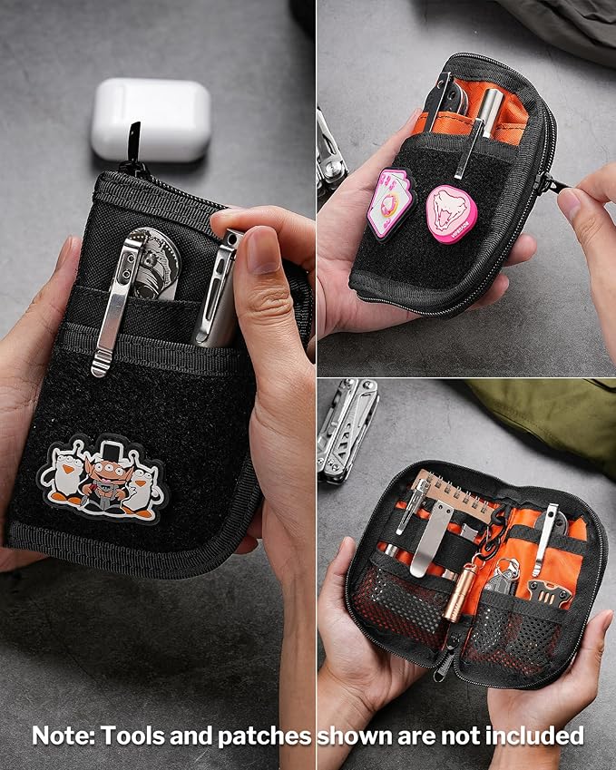 VIPERADE VE10 EDC Pouch Small Pocket Tool Pouch with 10 Compartments, Men's Pocket Organizer for Multitools, EDC Organizer with Patches Area for DIY (Black)