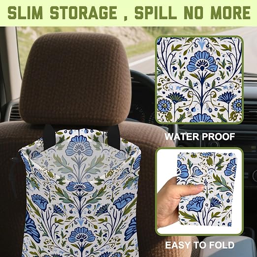 Car Garbage Bag Blue Green Floral Damask Hanging Canvas Car Trash Bag Waterproof Drawstring Car Back Seat Organizer for Car Back Front Seat Console with Adjustable Buckle