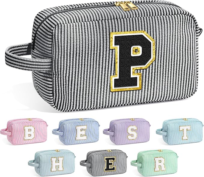 YOOLIFE Initial Cosmetic Bag for Women - Monogram Cute Makeup Bag Cosmetic Case Toiletry Pouch for Women Her Best Friend Sister Teacher, Personalized Birthday Gifts for Women, Black P