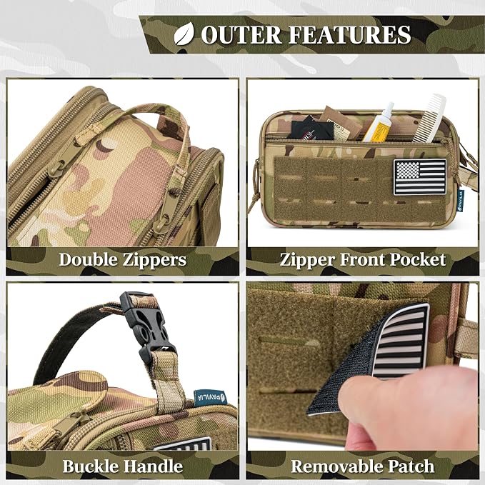PAVILIA Tactical Toiletry Bag for Men, Water Resistant Molle Military Dopp Kit, Travel Hygiene Organizer with Wet Dry Storage for Shaving, Grooming, Gym and Camping, Camo
