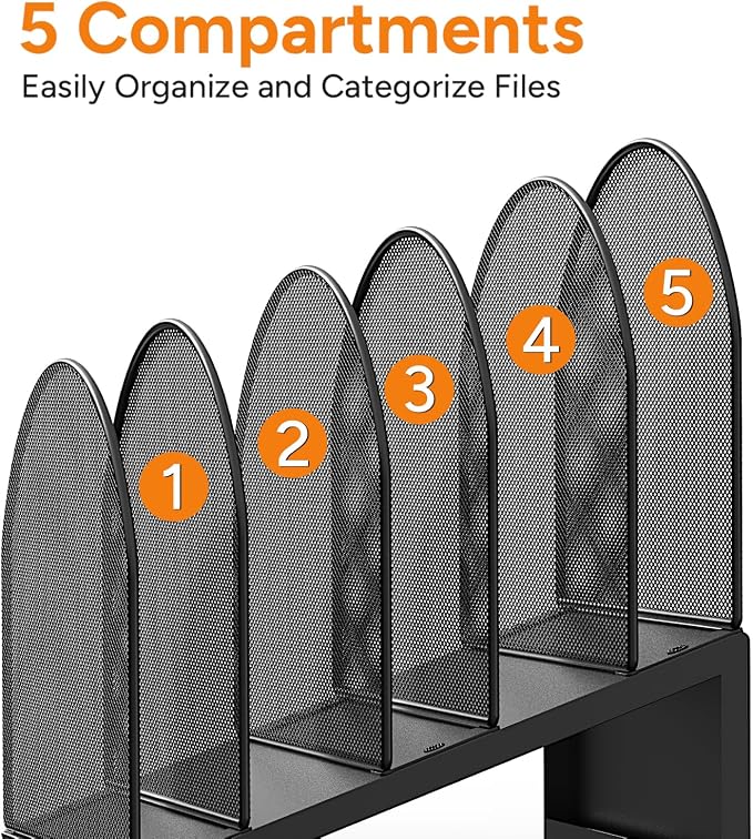 5-Section Desk File Organizer, Metal Mesh Folder Organizer for Documents, Mail & Office Papers (Black)
