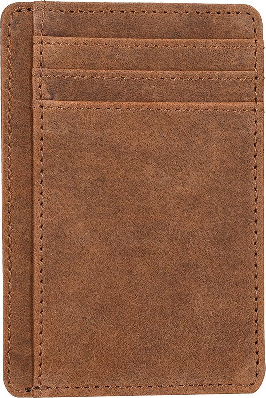 Real Leather Slim Minimalist Wallet for Men and Women -RFID Blocking Front Pocket Thin Credit Card Holder Stylish Wallets (Dark Cognac)