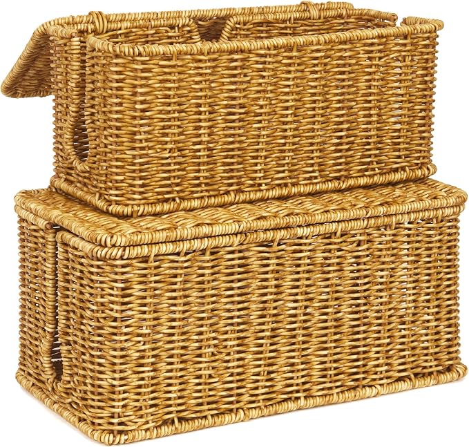 ZhiYo Rattan Cable Management Box, Cord Organizer, Nature, 2 Pack (M&L) | Handwoven imitation rattan cord hider box conceals power strips and cables for a clean desk or floor setup