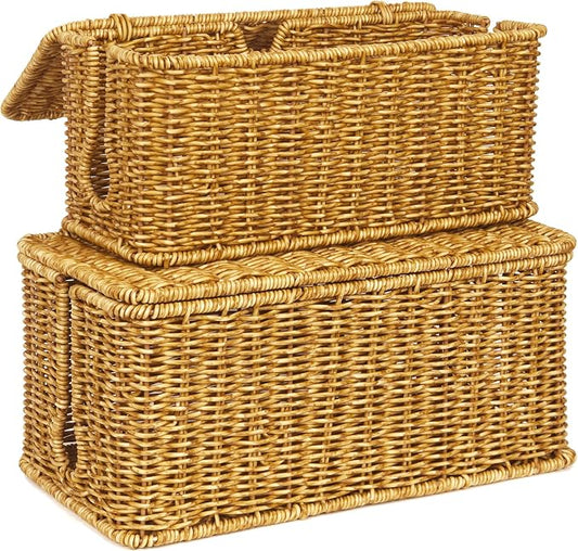 ZhiYo Rattan Cable Management Box, Cord Organizer, Nature, 2 Pack (M&L) | Handwoven imitation rattan cord hider box conceals power strips and cables for a clean desk or floor setup