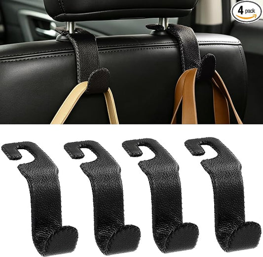 Amooca Car Seat Headrest Hook, Universal Vehicle Storage Hanger, Leather with Metal Car Seat Back Organizer for Handbag, Purse, Coat, Ergonomic Design, Black 4 Pack