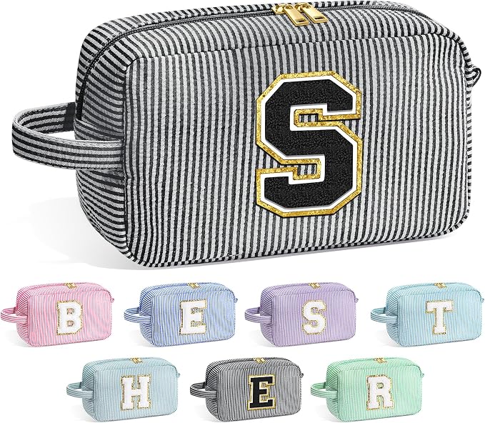 YOOLIFE Birthday Gifts for 6 7 8 9 10 11 12 13 14 15 Year Old Teen Girl - Initial Makeup Bag Letter Toiletry Pouch Cosmetic Case, Personalized Teen Girl Gifts Trendy Stuff Party Favor, Black S