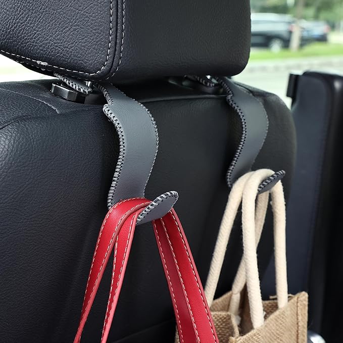 Amooca Car Seat Headrest Hook Universal Vehicle Storage Hanger Leather with Metal Car Seat Back Organizer for Handbag Purse Coat Grey 4 Pack