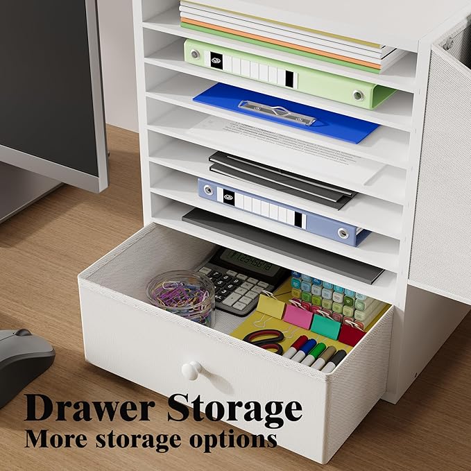 Unionly Wooden 12X12 Scrapbook Paper Organizer,7 Tier Adjustable Desktop File sorter with drawer,Craft&Stamp Cardstock Storage with Side Pocket&Name Slots for classroom,home offce，White