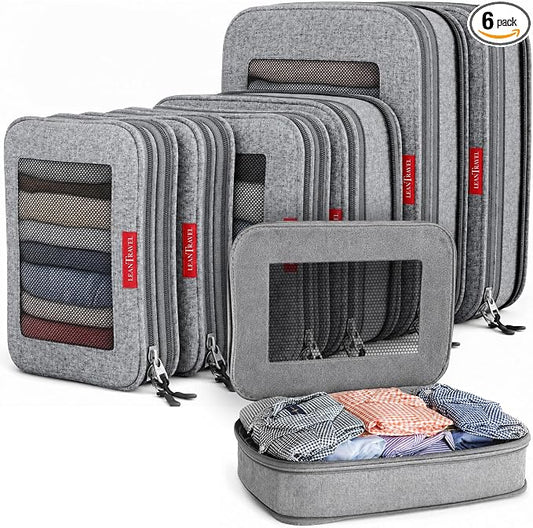 LeanTravel Premium Compression Packing Cubes for Travel - Suitcase Organizer Bags with Double Zipper & Breathable Mesh Panel - Space Saving Carry On Luggage Essentials (6-Pack, Grey)