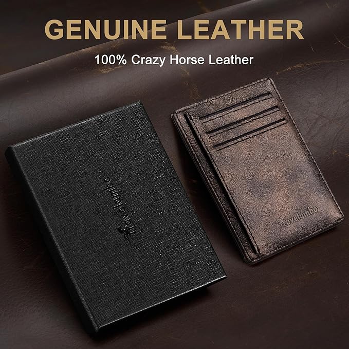 Travelambo 100% Genuine Leather Wallet for Men and Women, Slim Minimalist RFID Blocking Front Pocket Credit Card Holder with Gift Box(Galaxy Coffee)