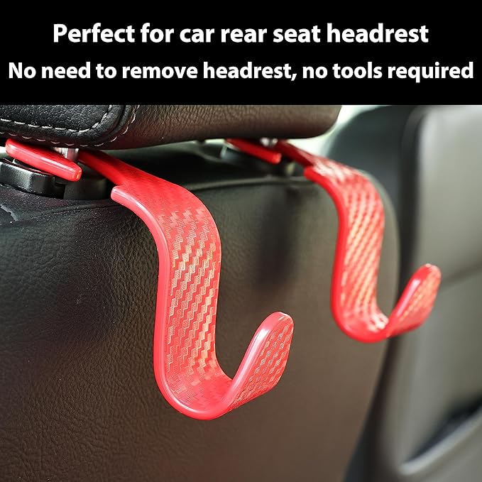 Car Seat Headrest Hook Universal Vehicle Seat Hook Hangers Interior Storage Organizer for Purse Handbag Coats Umbrellas Grocery Bags 4 Pack Red