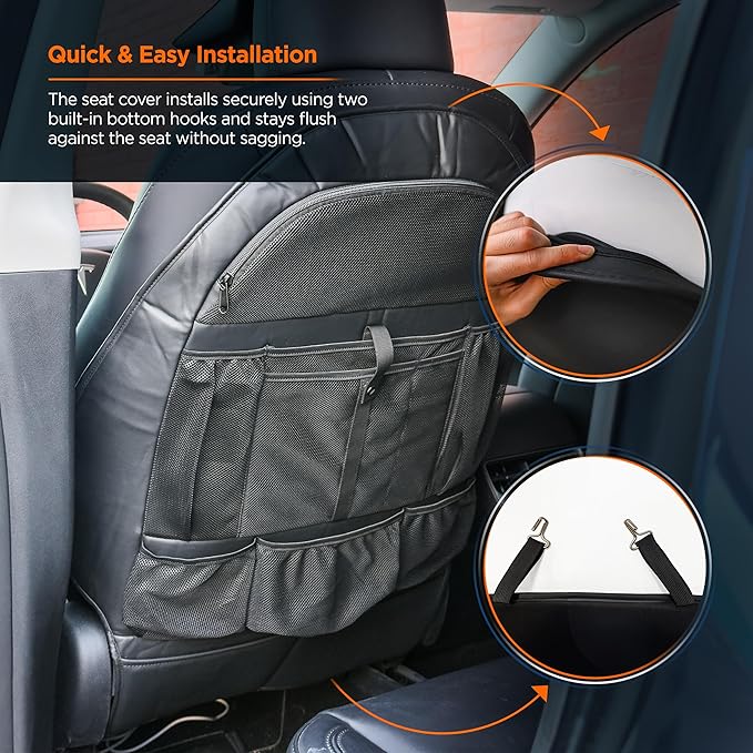 for Tesla Model Y/3 2017-2026 Custom Fitted Seat Back Kick Protector Organizer with Storage Pockets - Rear Passenger Organization for Kids with Zippered Accessories Slots (Black)