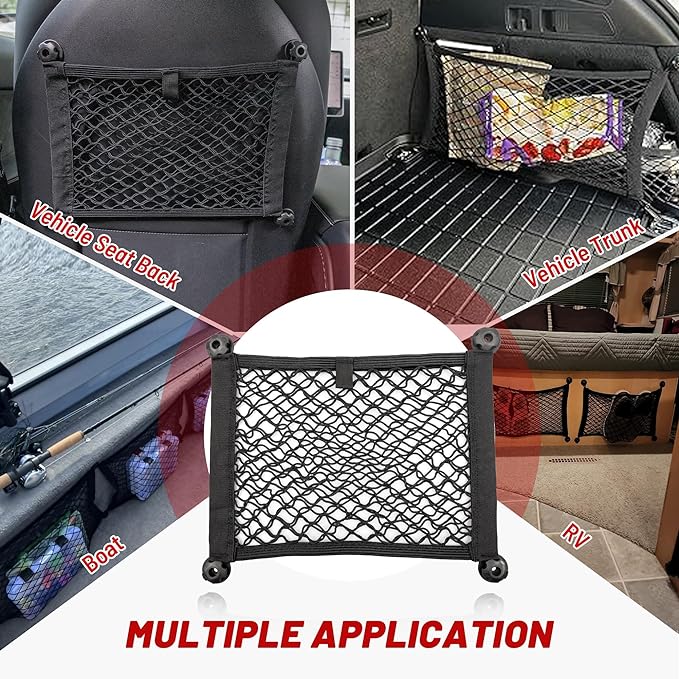 RED WOLF 2 Layer Small Mesh Cargo Net Elastic Storage Netting 2 Pcs Stretchable Car Organizer Net 14×10 Inch for Trunk RV Boats Home Auto Cargo Net Pocket with Screws and Hooks