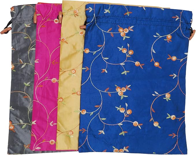 Ouyatoyu 4pcs Embroidered Silk Flower Design Jacquard Travel Bag, Laundry Bags Shoe Bags, Lingerie Bags Underwear Bags for Travel Storage for Men Women Washable Cloth Shoe Bags