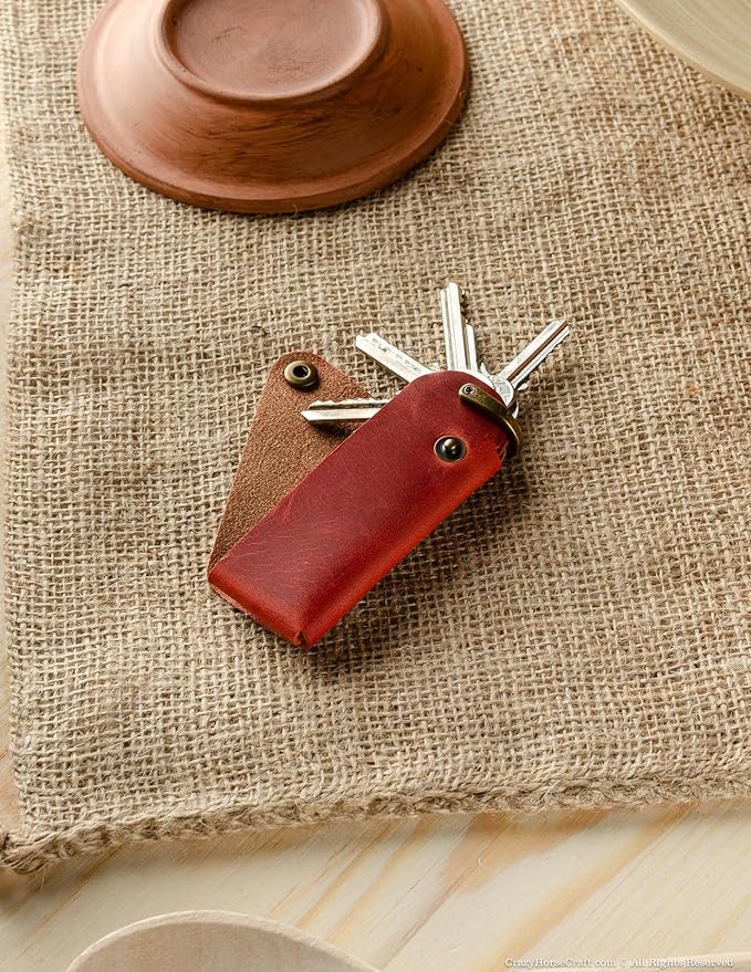 Crazy Horse Craft, Leather Key Holder, Keychain, Minimalist Keyring, Fob, EDC Organizer Cover Sleeve Finder Bag Tag Case