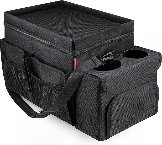 Car Organizer & Cooler – Durable Oxford Fabric Exterior & Waterproof Liner, Portable Car Storage & Insulated Cooler Box with Dividers, Cup Holders & Tissue Pocket – Black [2025 Upgraded]