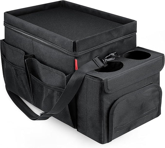 Car Organizer & Cooler – Durable Oxford Fabric Exterior & Waterproof Liner, Portable Car Storage & Insulated Cooler Box with Dividers, Cup Holders & Tissue Pocket – Black [2025 Upgraded]