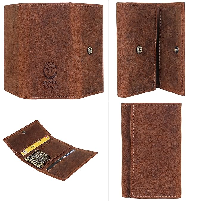 RUSTIC TOWN Leather Key Holder - Smart Fob Car Key Loop Wallet Slim Keychain Pouch - Practical Key Organizer for Men & Women