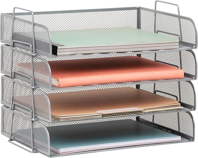 Mind Reader Stackable Paper Tray, Desktop Organizer, File Storage, Office, Metal Mesh, 4 Pcs., Silver