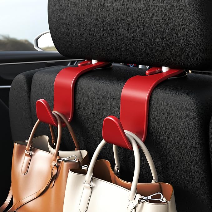 Amooca Car Seat Headrest Hook 4 Pack Hanger Storage Organizer Universal for Handbag Purse Coat Universal fit Vehicle Car S Type Red
