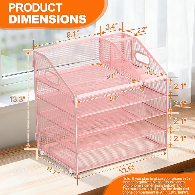DocNest 5 Tier Metal Mesh Letter Tray - Space Saving Desk File Organizer with Handle, Pen Holder & Folder Holder - Desktop Document Sorter for Office, Home, School, Classroom - Pink