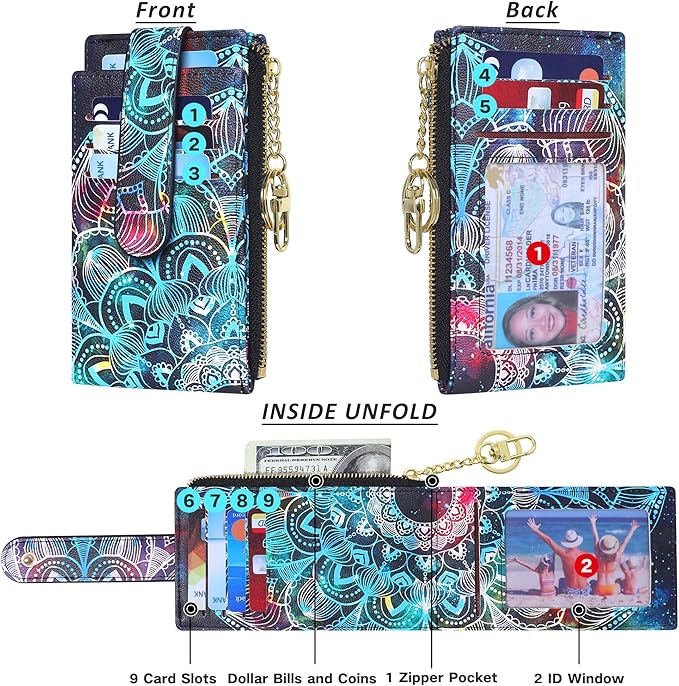 Badiya Slim Women Wallet RFID Blocking Bifold Compact 9 Card Slots Holder Wallets Soft Leather with Zipper Coin Pocket 2 ID Window