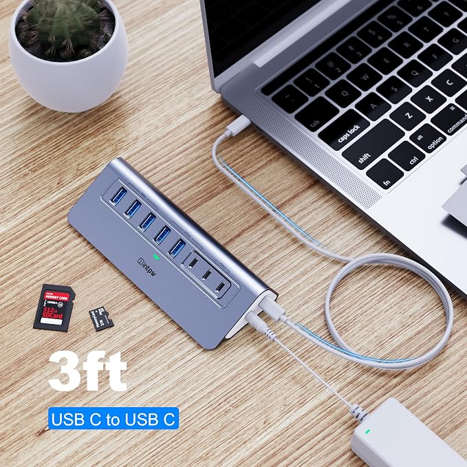 Powered USB Hub 10Gbps, Intpw YH6AC Plus 10 Port USB 3.2 Hub(USB A/USB C 3.2+3 USB-A 3.0+2 PD 45W Fast Charging Port+SD/TF Card Reader), 65W Power Adapter,Aluminum USB HUB for PC,Laptop,iPhone 17/16