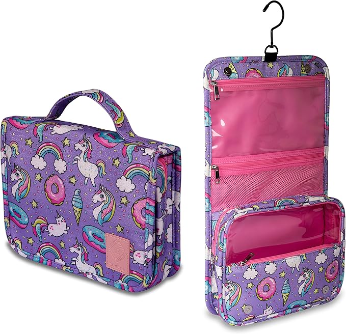 Eudora Cute Rainbow Unicorn Cartoon Toiletry Bag for Girls and Kids, Waterproof Bathroom Bag for Weekend with Many Rooms Pockets and Portable 360 Degree Hanging Hook