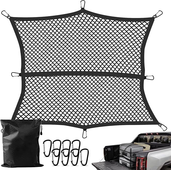 Truck Bed Cargo Net, Stretchable from 4'x4' to 7'x7',High Elastic Cargo Net with Storage Bag and 8 rustproof Buckles, Ideal for ATV, SUV, UTV, Truck and Boat Use, Black