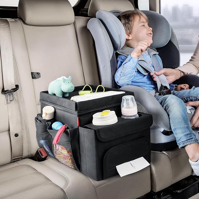 Car Organizer & Cooler – Durable Oxford Fabric Exterior & Waterproof Liner, Portable Car Storage & Insulated Cooler Box with Dividers, Cup Holders & Tissue Pocket – Black [2025 Upgraded]