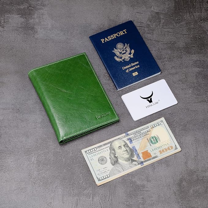 HISCOW Leather Passport Holder for Travel, Bifold Wallet, Veg-Tanned Green | Full grain cowhide, RFID blocking, 7 card slots, cash compartment, frosted ID window, travel essentials, premium gift box