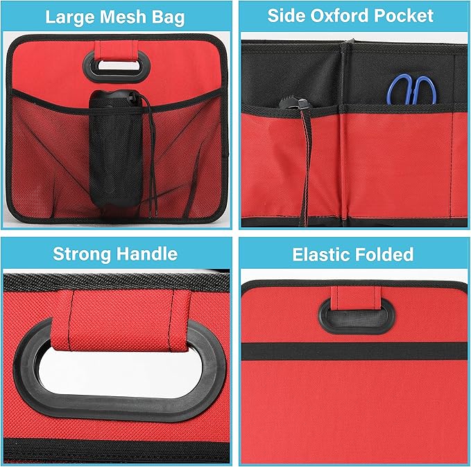 Simple Deluxe Car Trunk Organizer, 2 Compartments Collapsible Trunk Storage, Anti-slip Design, Made of Waterproof 600D Oxford Polyester, Suitable for SUV, Minivan, Truck, Standard Size, Red