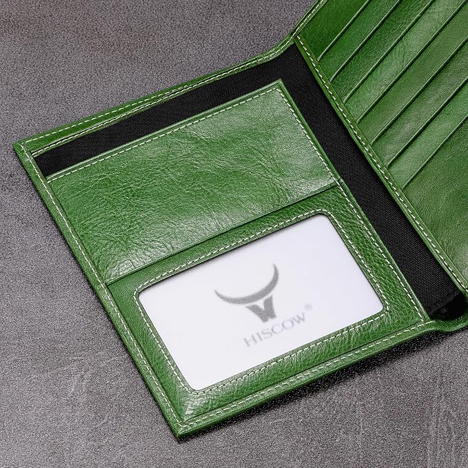 HISCOW Leather Passport Holder for Travel, Bifold Wallet, Veg-Tanned Green | Full grain cowhide, RFID blocking, 7 card slots, cash compartment, frosted ID window, travel essentials, premium gift box