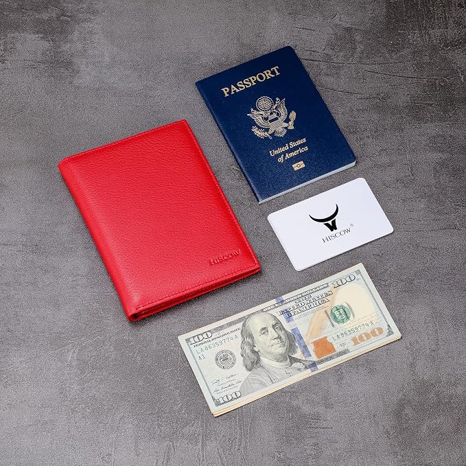 HISCOW Leather Passport Holder for Travel, Bifold Wallet, Pebbled Red | Full grain cowhide, RFID blocking, 7 card slots, cash compartment, frosted ID window, travel essentials, premium gift box
