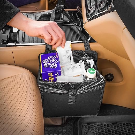 KMMOTORS Car Trash Can, Jopps, Car Trash Bag Hanging, Fordable Garbage Can, Front seat, Back seat, Vegan Leather, Collapsible (Jopps, Medium, Black)