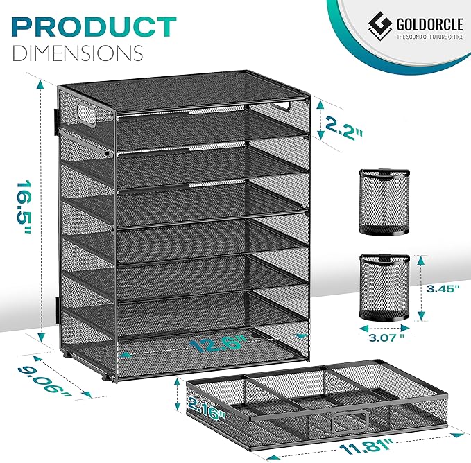 8 Tier Paper Letter Tray Organizer with Handles, Mesh Desk File Holder Storage Organization for Home School Classroom & Office (Black-with Drawer,Pen Holders)