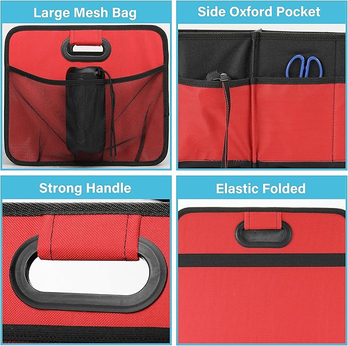 Simple Deluxe Trunk Organizer for Car/SUV/Truck, Collapsible 2 Compartment 50L Automotive Storage Box with 5 Pocket, 600D Waterproof Oxford Polyester, Anti-slip & Leak-proof, Red New