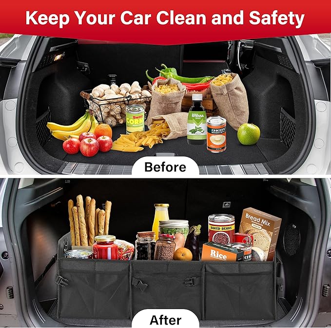 Simple Deluxe Car Trunk Organizer, Multi Compartments Collapsible Trunk Storage, Anti-slip, Waterproof 600D Oxford Polyester, with Adjustable Straps for SUV, Minivan, Truck, Large Size, Black