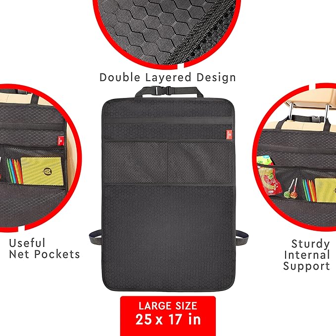 Helteko Back Seat Protector for Car, 2 Pack Premium Kick Mats for Kids, Extra Large Car Seat Cover for Backseat with Mesh Pockets, Waterproof Dirt & Mud Protection, Black
