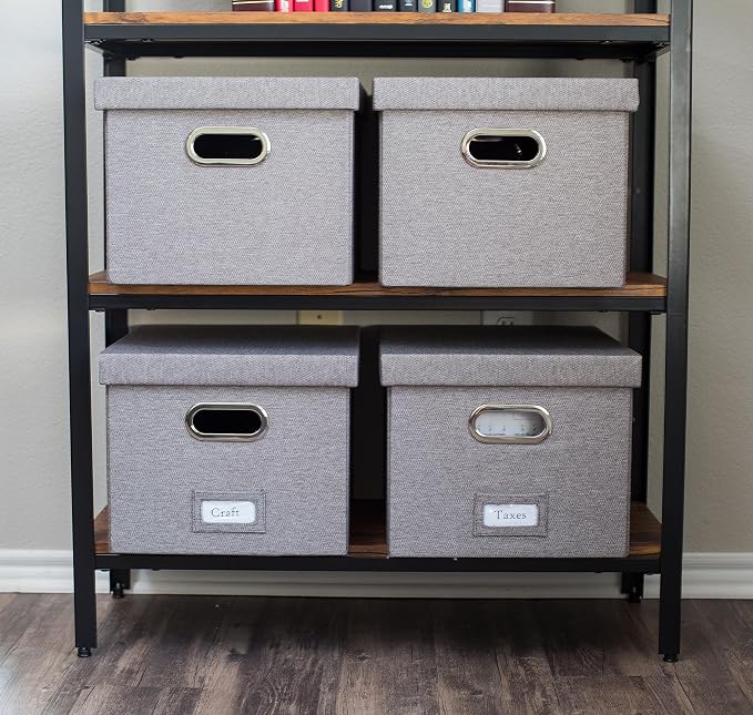 Internet's Best Collapsible File Storage Organizer with Lid - Decorative Linen Filing & Storage Office Box – Hanging Letter/Legal Folder – Home Office Bins Cabinet – Grey Container - 4 Pack