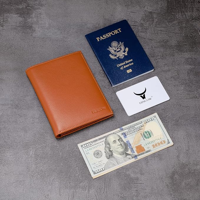 HISCOW Leather Passport Holder for Travel, Bifold Wallet, Tan | Full grain cowhide, RFID blocking, 7 card slots, cash compartment, frosted ID window, travel essentials, premium gift box