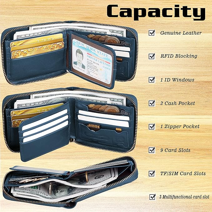 Admetus Mens RFID Blocking Wallets Zipper Leather Wallet for Men Bifold RFID Card Holder