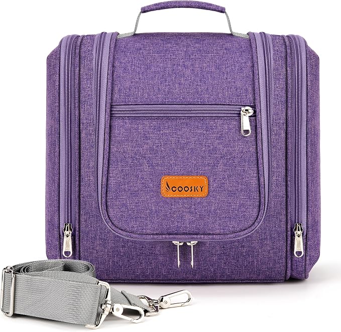 COOSKY Hanging Travel Toiletry Bag for Women and Men, 6 Organizer Compartments, Large Toiletries essentials, Bathroom Cosmetic Accessories, Water-resistant Makeup Bag, Holds Full-Size Shampoo, Purple